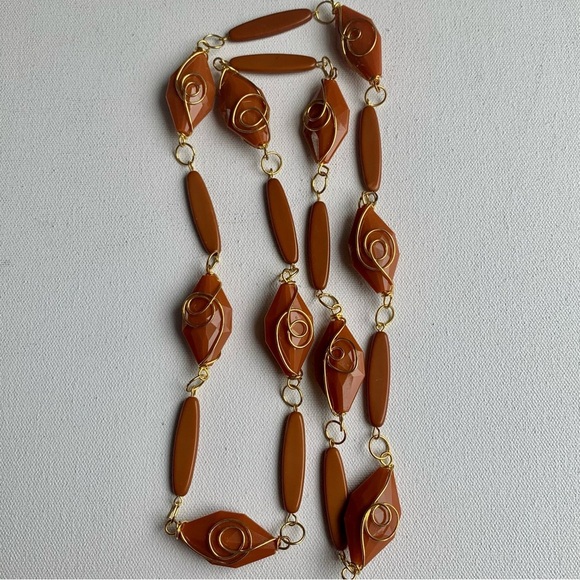Vintage Butterscotch Beaded Long Necklace Golden Wire Wrapped Beads Elegant 21" - Picture 6 of 7